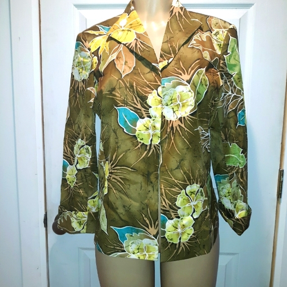 PECK & PECK OLIVE GREEN FLORAL OPEN JACKET SZ 14 - Picture 1 of 6